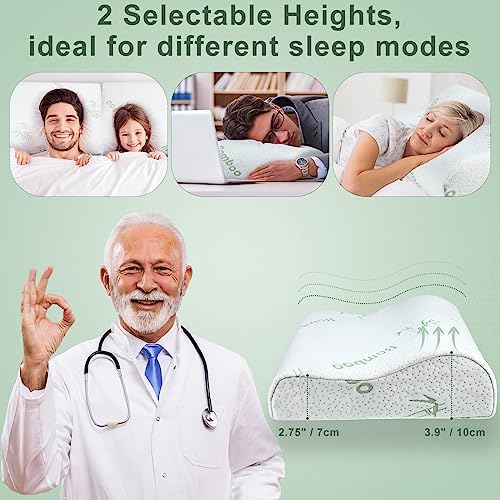 FairySandy 2 Pack Memory Foam Pillow Neck Support Orthopedic Sleeping Pillow Ergonomic for Shoulder Pain Side Back Stomach (Bamboo Fiber)