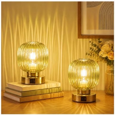 Elenhome Touch Table Lamp Set of 2, 3-Way Dimmable with Glass Shade, USB-C+A Charging Ports, Mid-Century Modern Small Bedside Lamps for Nightstand, Bedroom, and Living Room, LED Bulb Included (Green)