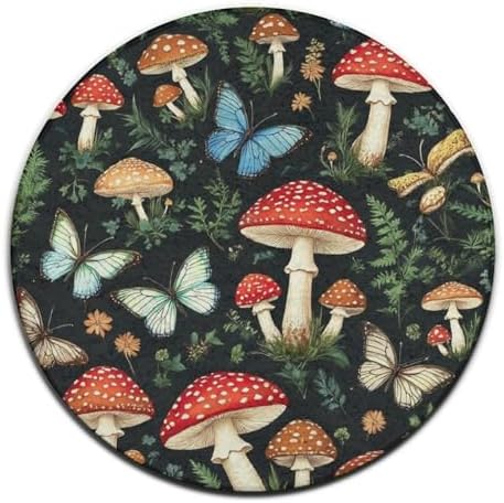 Women's Large Home Decor Mat, Soft Round Yoga Carpet, Non Slip Machine Washable Home Office Circle Rug Butterfly Mushroom Gifts