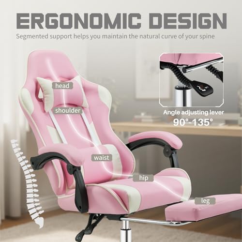 NEWBULIG Gaming Chair with Footrest – Ergonomic High-Back with Lumbar & Headrest Support, Comfy PU Leather Recliner with Linkage Armrests, Adjustable Height, 360° Swivel, Pink
