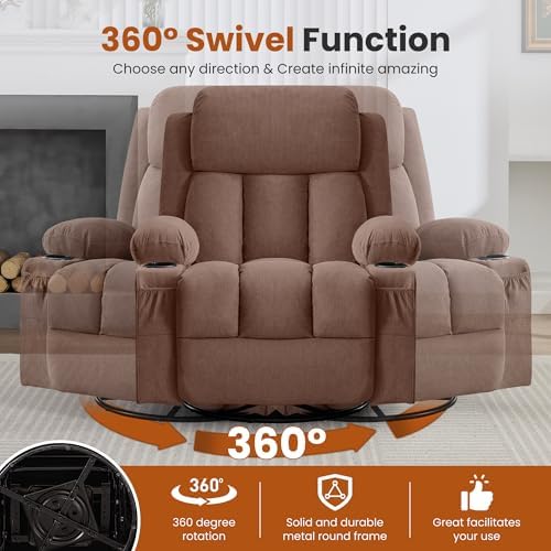 MAHOMICO Swivel Rocker Recliner Chair with Vibration Massage and Heat for Living Room,with Rocking Function and Side Pocket, USB Charge Port,2 Cup Holders