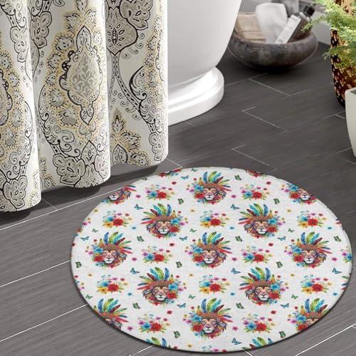 Large Home Decor Mat, Soft Round Yoga Carpet, Non Slip Machine Washable Home Office Circle Rug Colorful Lion Flowers Floral White Art, 36inch