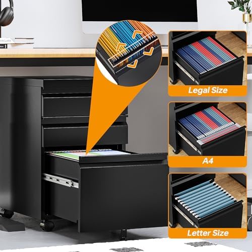 STANI 3 Drawer Mobile File Cabinet with Lock Rolling Mobile File Cabinet Locking Office Mobile Cabinet with Wheels Under Desk Office Drawers Metal Filing Cabinet Fully Assembled