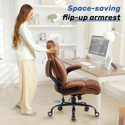 500LBS Big and Tall Executive Office Chair with Adjustable Lumbar Support,Extra Wide Seat for Ergonomic Computer Desk Chair Flip-up Arm,Home Office Chair Spring Cushion Upgraded Metal Base, PU Brown