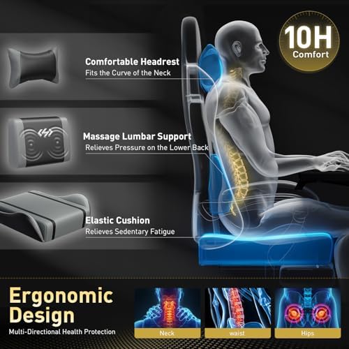 HLDIRECT High Back Gaming Chair, USB Massage Lumbar Support, Black&Grey