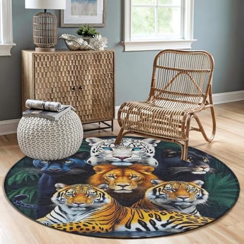 Fashion Round Area Rug Large Non Slip Carpet Unisex Home Decor Mat Jungle Animals Lion Tiger Leopard Print