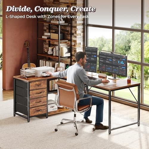 PRAISUN 53" L Shaped Desk with Power Outlets & 4 Drawers