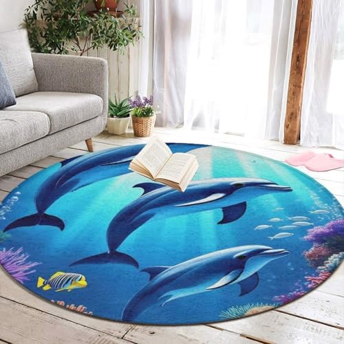 Soft Round Yoga Carpet, Office Chair Decor Round Mat for Carpet and Hardwood Floors Dolphin Under Sea World