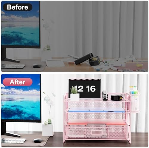 Marbrasse Desk Organizer, 4-Tier Paper File Letter Tray, Pink