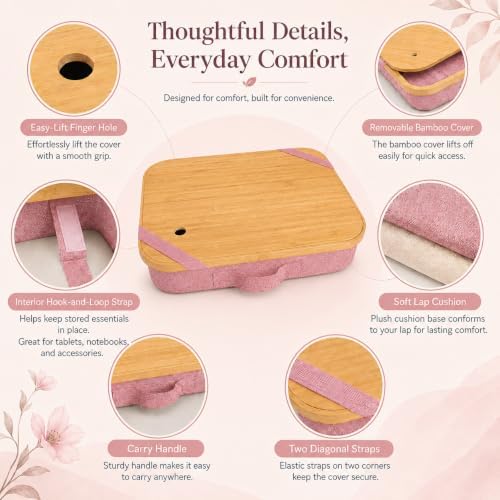 Mayjoy Bamboo Laptop Lap Desk with Storage, Removable Cover, Pink