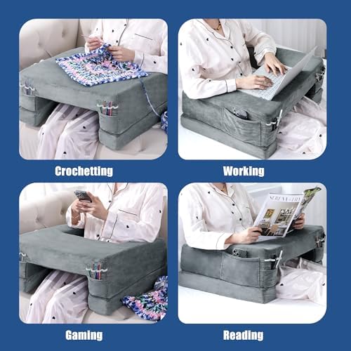 HOMBYS Adjustable Foam Crochet Pillow for Lap Support, Soft Velvet Reading & Gaming Pillow with Side Pocket and Elastic Band, Desk Cushion for Sofa, Bed & Floor, 2 Heights for Adjusting, (Grey)