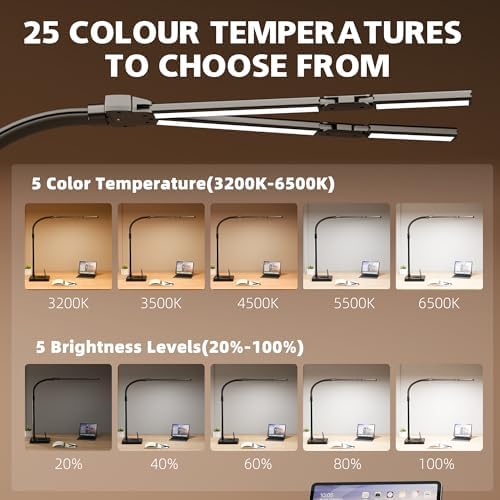 LED Desk Lamp for Home Office - 24W Bright Double Head Desk Light with Clamp Eye Caring Architect Task Light 25 Lighting Modes Adjustable Flexible Gooseneck Lamp (All Black)