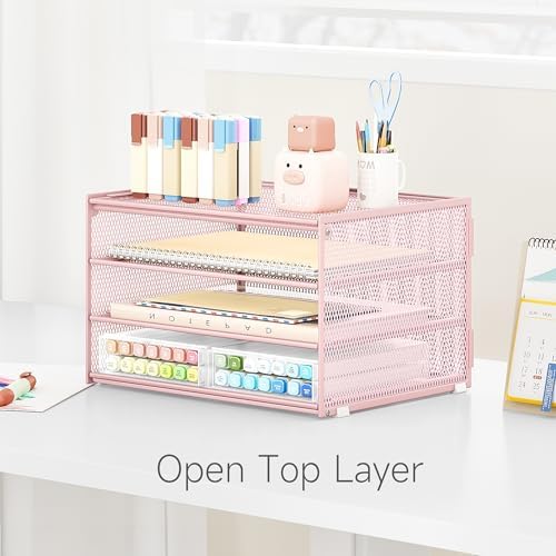 Lavatino 3-Tier Letter Tray Desk Paper Organizer – Pink Mesh Metal File Tray Organizer for Desk, Office Supplies & Home Organization | Fits A4/Letter Paper, Mail, Magazines and Office Accessories