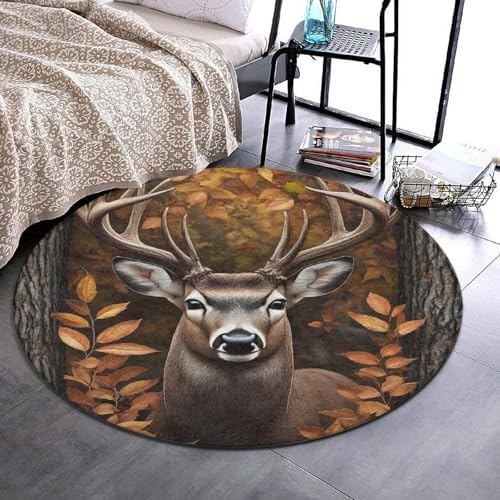 Fashion Round Area Rug Large Non Slip Carpet Unisex Home Decor Mat Fall Leaves Hunting Camo Tree Deer