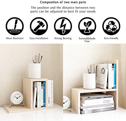 Jerry & Maggie Desktop Organizer Office Storage Rack Adjustable Wood Display Shelf, White, 5 Units, 16"L x 15.8"H x 6.8"W