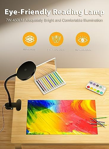 Black Clip On Reading Light, 450LM Book Light, CRI95, 3 Modes Stepless Dim
