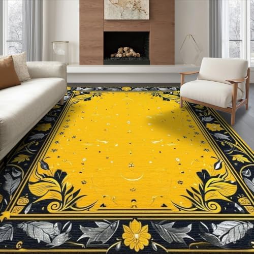 6'x9' Yellow Black Cat Golden Feline Motif Washable Area Rug