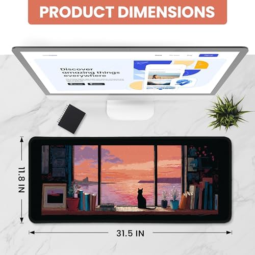 Aesthetic Desk Mat, Cute Cozy Cat Desk Pad Protector for Work & Decor, 31.5" x 11.8", Pretty Non-Slip Extended Mouse Pad for Office or Home