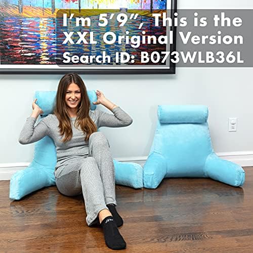 Husband Pillow Medium Reading Pillow with Arms - 23" Backrest for Sitting Up in Bed - Firm Support Bed Rest Pillow for Adults, Neck Roll, Removable Cover - TV, Reading, Lounging - Carolina Blue