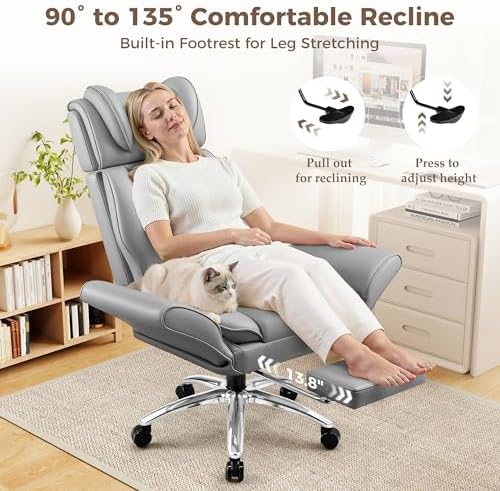 Big and Tall Office Chair, Flip Armrests for Cross Legged Sitting, Ergonomic Leather Executive Desk Chair with Foot Rest, High-Back Reclining Computer Chairs for Office Home Game - Light Gray