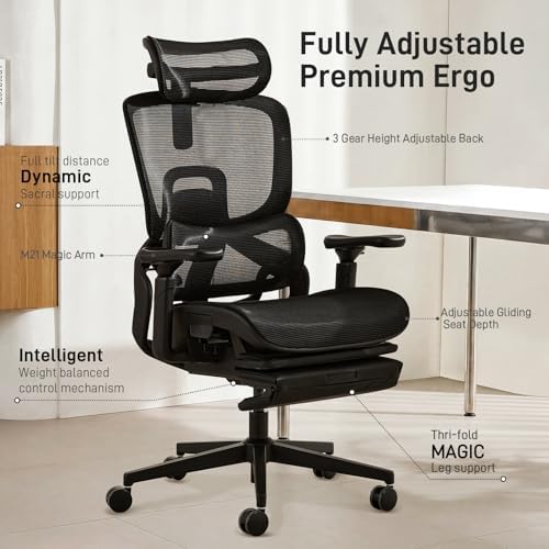 FLOW360 Ergonomic Mesh Office Chair with Footrest, Big&Tall Chair Black MS
