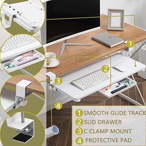 ETHU Small Keyboard Tray Under Desk with C-Clamp, 19.7x11.81", White