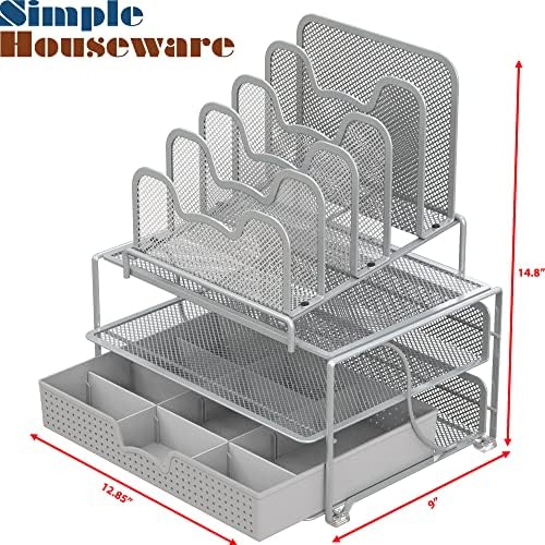 Simple Houseware Mesh Desk Organizer with Sliding Drawer, Silver