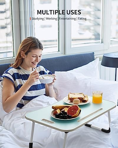 FISYOD Foldable Laptop Table, Portable Lap Desk Bed Table Tray, Laptop Stand with Cup Holder & Tablet Slot & Lifting Handle for Working Writing Drawing & Eating (Blue)