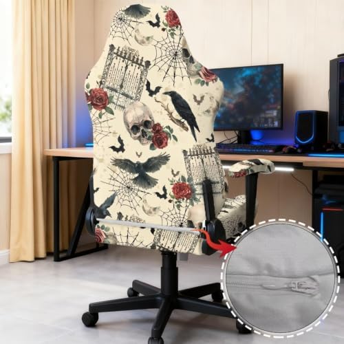 Halloween Vintage Skull Rose Gothic Gaming Chair Cover Stretchable Game Chair Slipcovers with 2 Armrest Covers, Scratch-Proof Gamer Desk Chair Covers for Computer Office Seat
