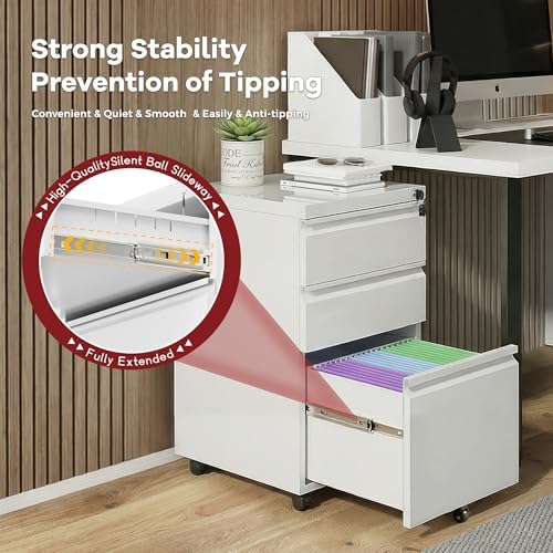 Bonusall 3 Drawer File Cabinet with Lock, Small Under Desk Filing Cabinet for Home Office, Fully Assembled Metal Rolling Storage Fits A4/Letter/Legal - White