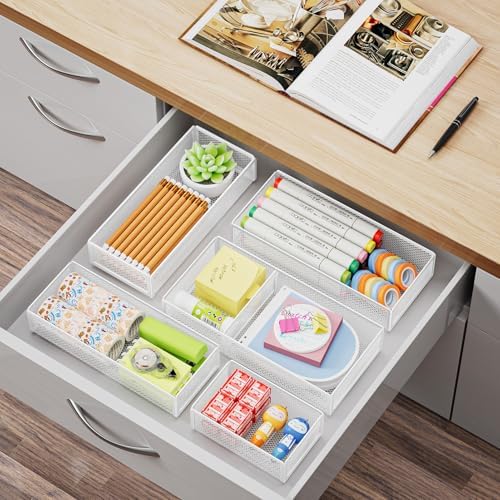 Marbrasse 5 Pack Desk Drawer Organizer Set, Mesh Drawer Storage Trays with 1 Adjustable Divider, Desk Organizers and Accessories, 5 PCS Drawer for Office Supplies, Makeup & Vanity (White)