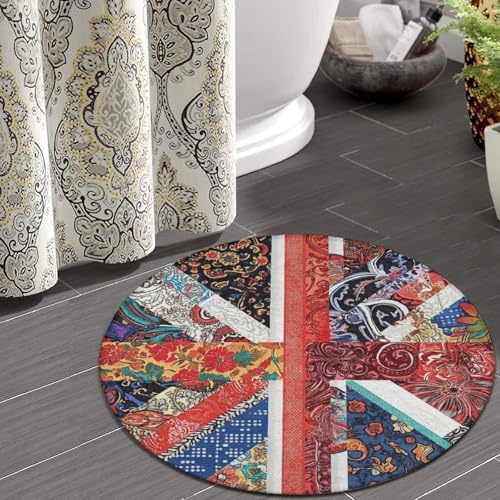 Home Decor Non Slip Kitchen Office Circle Rug, Machine Washable Modern Round Area Rug, Room Sofa Yoga Soft Round Carpet Union Jack Flag UK Mandala Art, 36inch