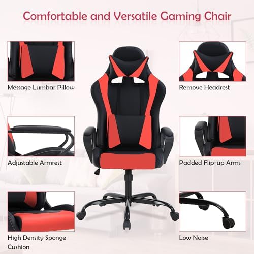 Red Gaming Chair PC Office Chair, High Back Computer Chair Gaming Chairs for Adults, Ergonomic Desk Chair Office Gaming Chair with Wheels, Reclining Gamer Chair, Adjustable Headrest Lumbar Support
