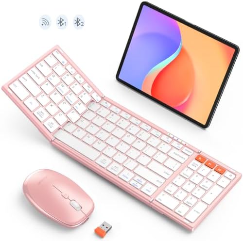 MEETION Foldable Bluetooth Keyboard and Mouse, Portable Combo Pink