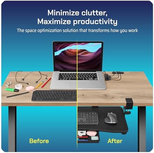 Keyboard Tray | Under Desk Keyboard Tray Slide Out w/Adjustable C-Clamps for Desks Up to 1.5-Inch-Thick | Clamp On Drawer with 1x USB-C to 4 USB-A Hub and 1x Five-Cable Management Organizer