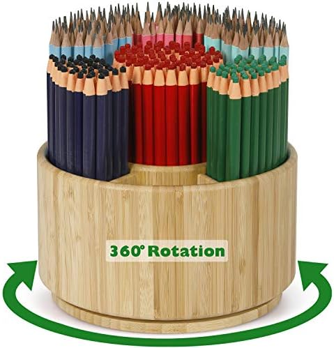 Bamboo Rotating Pencil Holder for Desk,Pen Holder with 7 Compartments