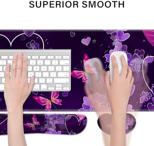 Desk Pad and Keyboard Wrist Rest, Large Mouse Pad + Keyboard Pad+Mouse Wrist Support, Non-Slip Desk Mat Protector for Office, Home 31.5×11.8 Inches Purple Butterfly