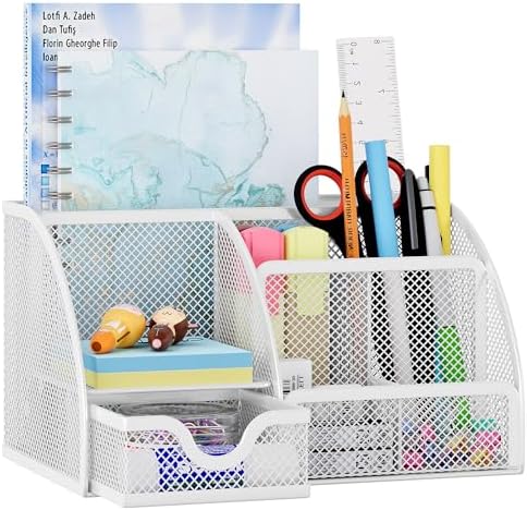 EasyPAG Mesh Desk Organizer with Drawer Multi-functional Pen Holder Stationery Organizer for Office School Supplies 6 Compartments Dorm Organizers and Storage for Desk, White