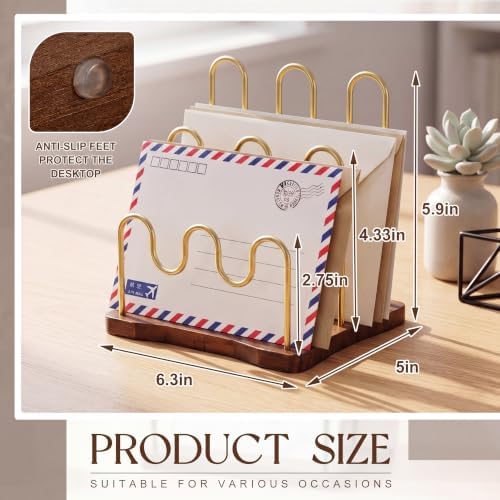 SiliFine 3-Slot Mail Organizer for Countertop, Metal Desktop, Brown,Gold