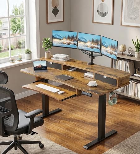 HUANUO 55" x 26" Electric Standing Desk, 2 Drawers & Keyboard Tray, Vintage