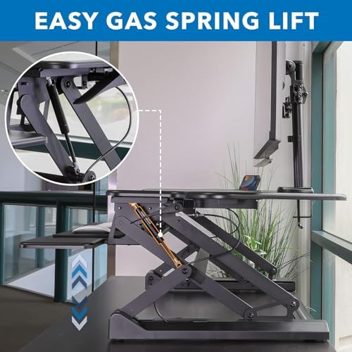 Mount-It! Standing Desk Converter Height Adjustable 47" Extra Large Wide Stand Up Desk Riser, Dual Monitor Arm Mounts, Stand Up Desk Convertor with Keyboard Tray, Fits Two Monitors up to 32"