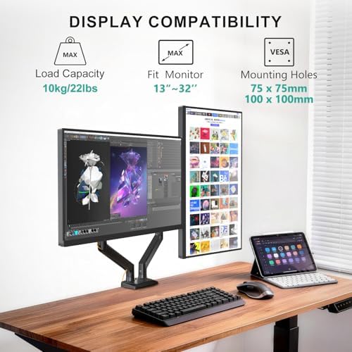 WALI Adjustable Dual Monitor Arm for 13-32 inch Screens, 22 lbs per Arm