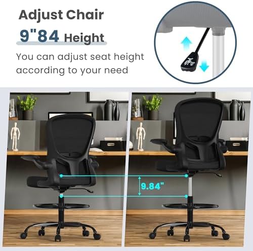 Drafting Chair, Tall Office Chair with Flip-up Armrests Executive Ergonomic Computer Standing Desk Chair, Office Drafting Chair with Lumbar Support and Adjustable Footrest Ring