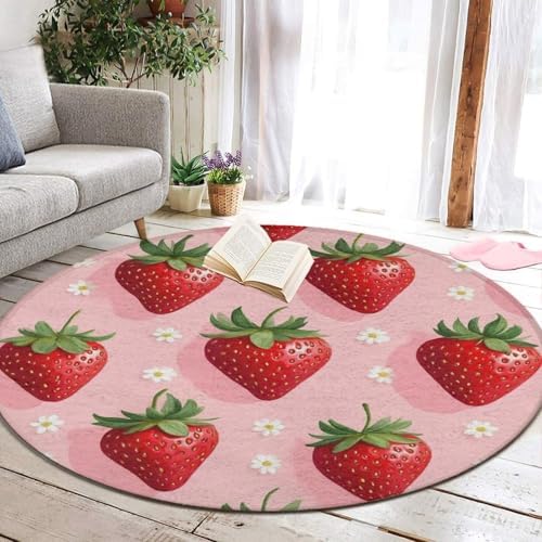Women's Large Home Decor Mat, Soft Round Yoga Carpet, Non Slip Machine Washable Home Office Circle Rug Flowers Pink Strawberry