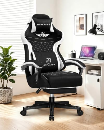 GTPLAYER Gaming Chair with Footrest, Big and Tall Game Chair High Back Computer Office Chair with Lumbar Support for Adults, Ergonomic Swivel Games Chair with Cushion Gaming, Fabric Black