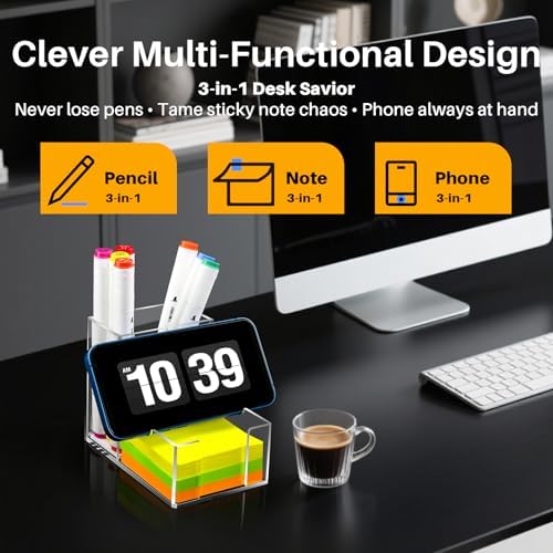 Sticky Note Holder, Crystal Clear Acrylic Pen and Sticky Note Dispenser for 3x3 Inches Note Pads, Simple Phone Stand for Office Home School Dorm Room Desk Organizer(No Pads) (2)