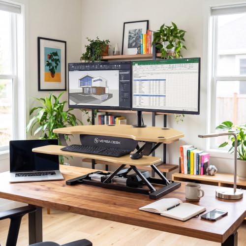 VERSADESK PowerPro 36 Inch Electric Corner Standing Desk Converter, Motorized Height Adjustable Sit-Stand Desk Riser, Dual Monitor & Laptop Workstation with Keyboard Tray, Maple