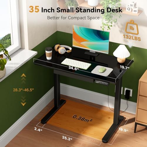 Gibbon Mounts 35” Black Glass Standing Desk Height Adjustable with Drawer