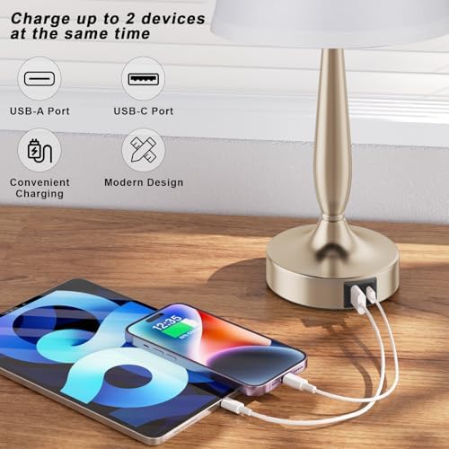 Kakanuo Touch Table Lamp for Bedroom, Small Bedside Lamp with USB C Charging Port, 3 Way Dimmable Touch Control Nightstand Lamp for Living Room, White Shade and Champagne Gold Base