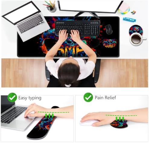 AIMSA Large Gaming Mouse Pad Set, Keyboard Wrist Rest Support + Extended Mouse Pad + Mouse Wrist Cushion + Coaster, Skull Gamer Ergonomic Memory Foam Multifunctional Desk Mat 35x15.7inch